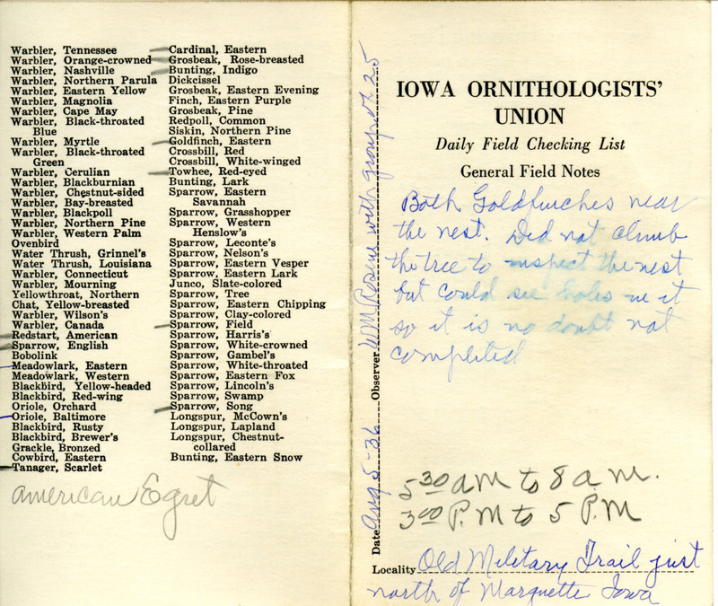 Bird checklist dated August 5, 1936. This checklist was used by Walter Rosene to record birds sighted north of Marquette with a group of people between 5:30 and 8:00 and 3:00 and 5:00.