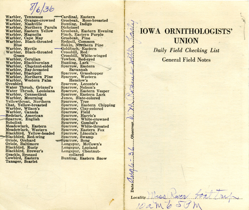 Bird checklist dated August 6, 1936. This checklist was used by Walter Rosene to record birds sighted during a Mississippi boat trip with a group of people between 10:00 and 5:00.