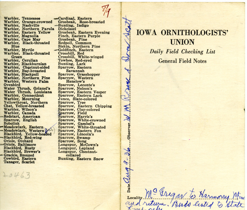 Bird checklist dated August 9, 1936. This checklist was used by Walter Rosene to record birds sighted during a trip from McGregor Iowa to Harmony Minnesota and back with Tom Scott.