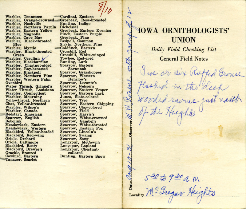 Bird checklist dated August 10, 1936. This checklist was used by Walter Rosene to record birds sighted around McGregor Heights with a group of people between 5:30 and 9:30.