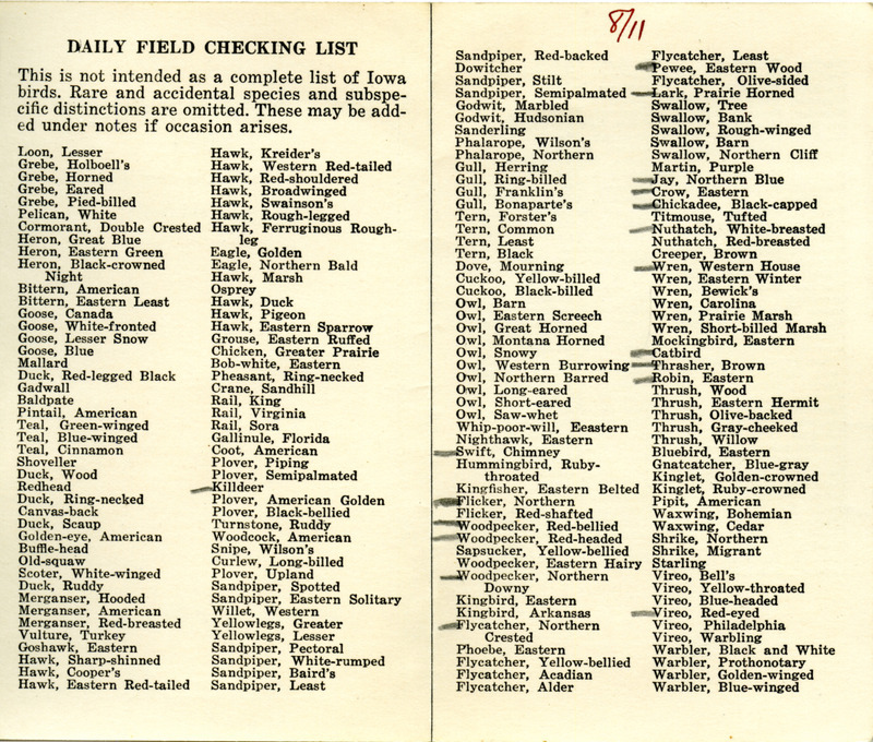 Bird checklist dated August 11, 1936. This checklist was used by Walter Rosene to record birds sighted around McGregor Heights with Tom Scott and a group of people between 5:30 and 8:30.