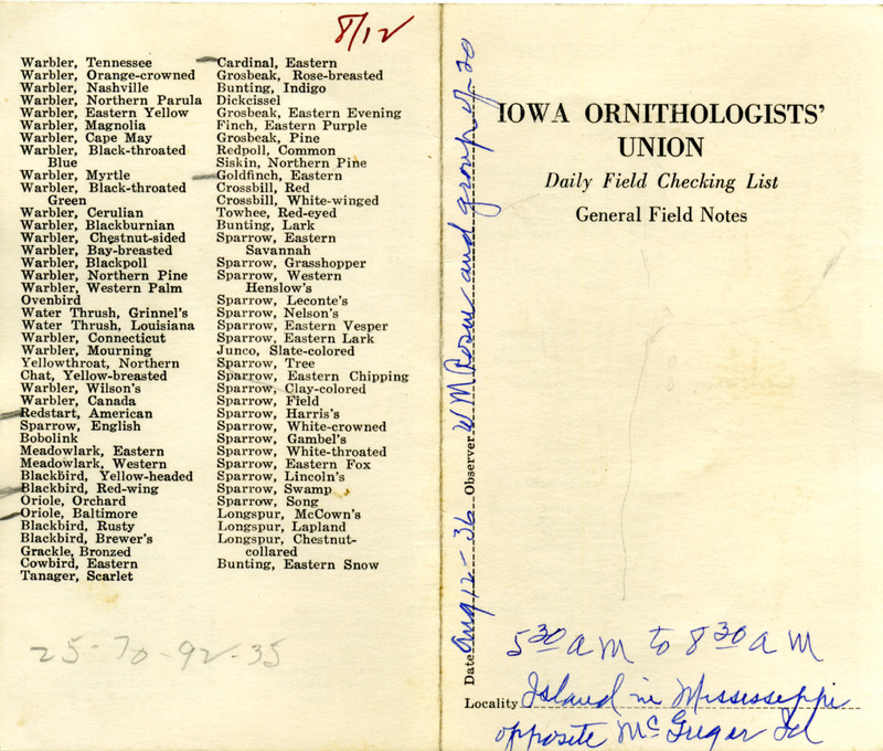 Bird checklist dated August 12, 1936. This checklist was used by Walter Rosene to record birds sighted around an island in the Mississippi river near McGregor with a group of people between 5:30 and 8:30.