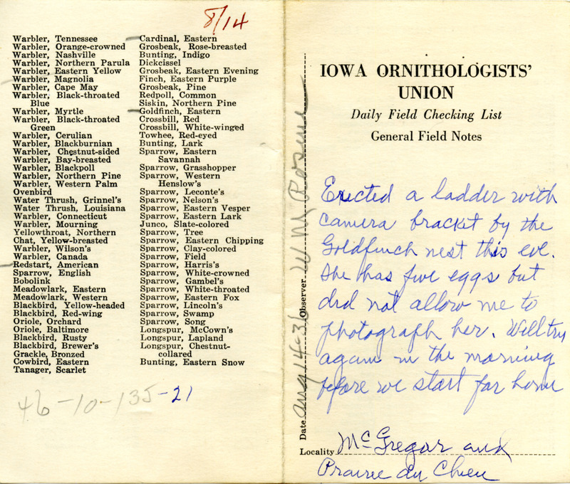 Bird checklist dated August 14, 1936. This checklist was used by Walter Rosene to record birds sighted around McGregor and Prairie du Chien.