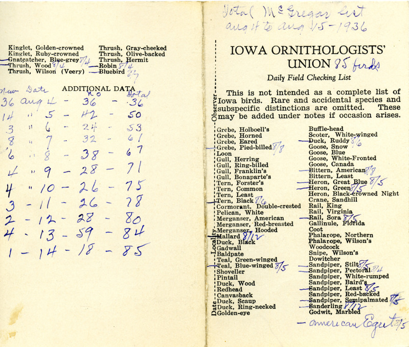 Bird checklist. This checklist was used by Walter Rosene to total the number of birds sighted during his McGregor trip between August 4, 1936 and August 15, 1936 resulting in 85 species sighted.