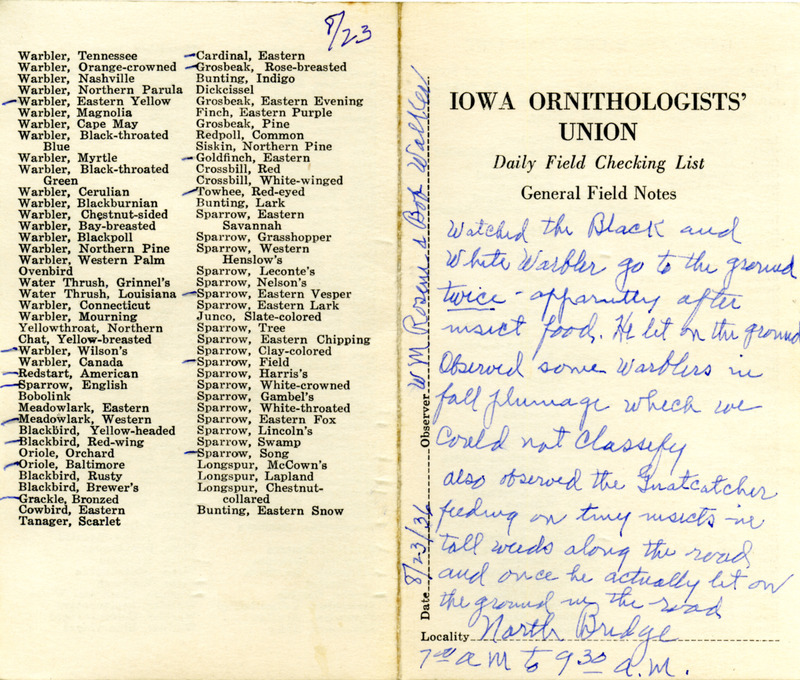 Bird checklist dated August 23, 1936. This checklist was used by Walter Rosene to record birds sighted around North Bridge with Bob Walker between 7:00 and 9:30.