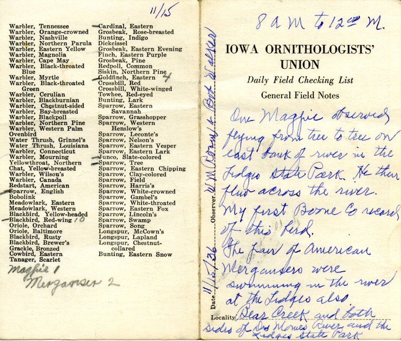 Bird checklist dated November 15, 1936. This checklist was used by Walter Rosene to record birds sighted around the Ledges with Bob Walker between 8:00 and 12:00.