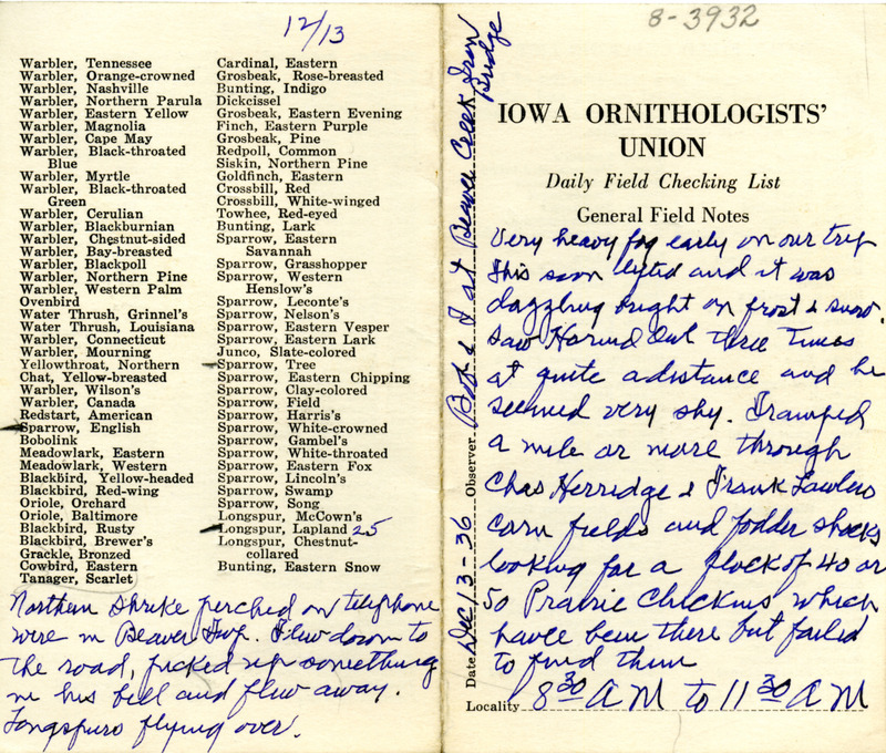 Bird checklist dated December 13, 1936. This checklist was used by Walter Rosene to record birds sighted around the Beaver Creek Iron Bridge with Bob Walker between 8:30 and 11:30.