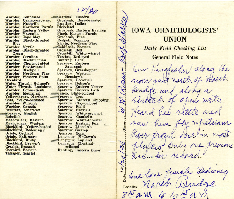 Bird checklist dated December 20, 1936. This checklist was used by Walter Rosene to record birds sighted around North Bridge with Bob Walker between 8:15 and 10:15.