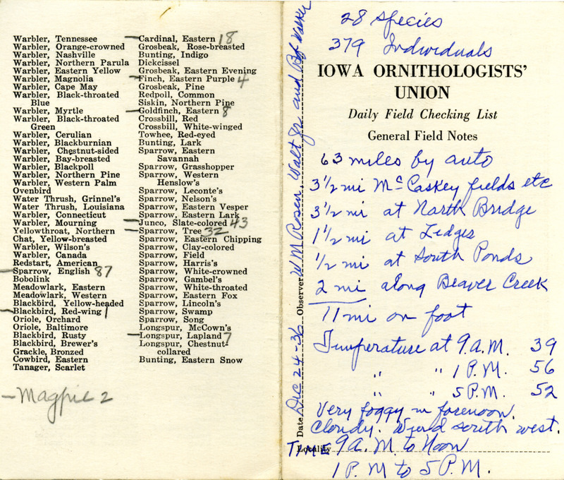 Bird checklist dated December 24, 1936. This checklist was used by Walter Rosene to record birds sighted around Boone County with Bob Walker between 9:00 and 12:00 and 1:00 and 5:00.