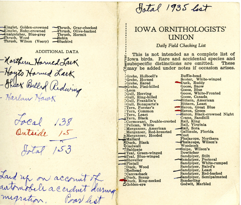 Bird checklist dated 1935. This checklist was used by Walter Rosene to total the 153 bird species he sighted during 1935.