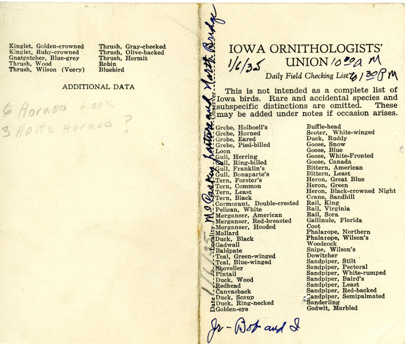 Bird checklist dated January 6, 1935. This checklist was used by Walter Rosene to record birds sighted around McCaskey pasture and North Bridge with Walter Jr. and Bob Walker between 10:00 and 1:30.