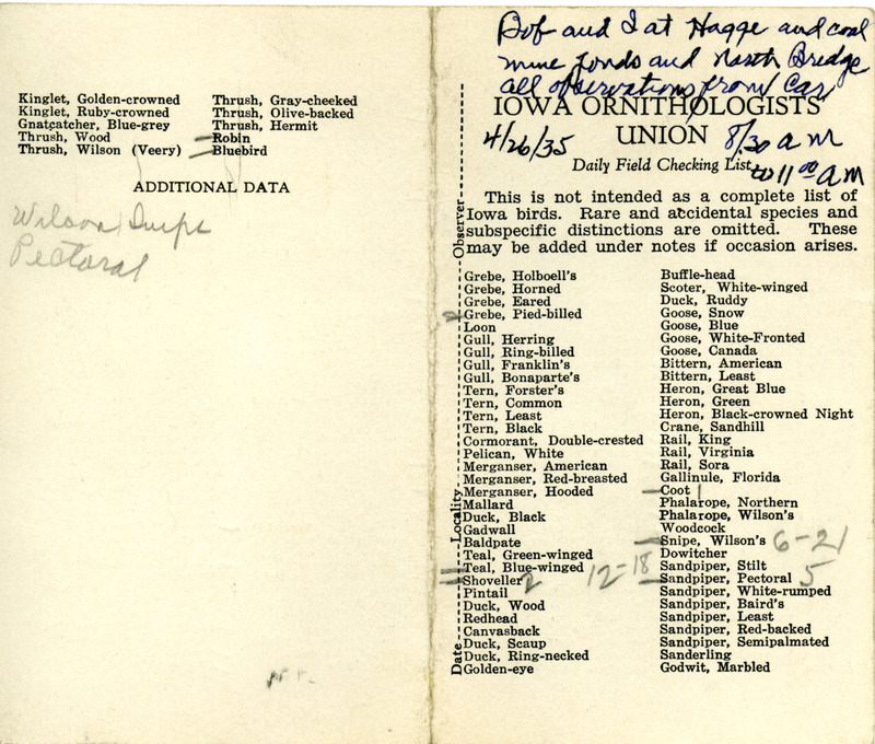 Bird checklist dated April 26, 1935. This checklist was used by Walter Rosene to record birds sighted around Hagge pond, coal mine pond and North Bridge with Bob Walker between 8:30 and 11:00.