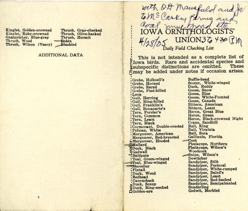 Bird checklist dated April 28, 1935. This checklist was used by Walter Rosene to record birds sighted around McCaskey farms and coal mine pond with Oscar Mansfield and Walter Jr. between 3:00 and 4:30.