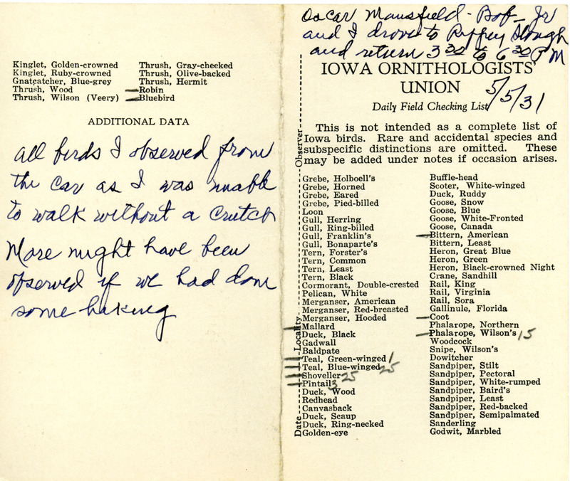 Bird checklist dated May 5, 1935. This checklist was used by Walter Rosene to record birds sighted around Rippey Slough with Oscar Mansfield, Bob Walker and Walter Jr. between 3:30 and 6:30.