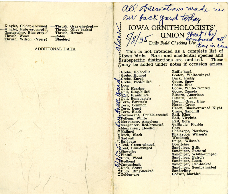 Bird checklist dated May 8, 1935. This checklist was used by Walter Rosene to record birds sighted in his backyard.