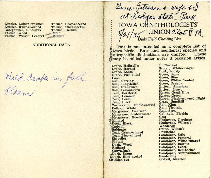 Bird checklist dated May 21, 1935. This checklist was used by Walter Rosene to record birds sighted around the Ledges with Einer and Crystal Peterson between 2:00 and 5:00.