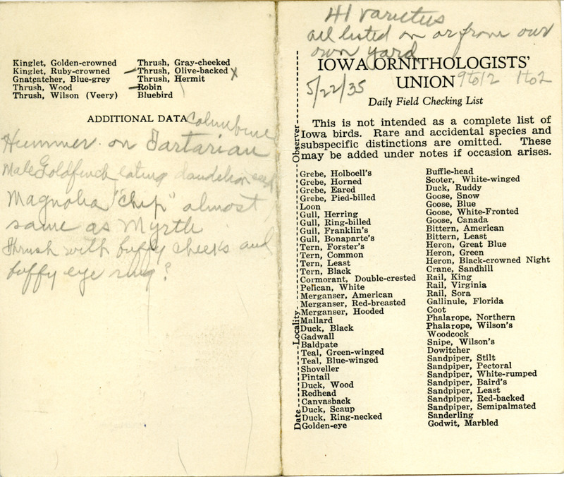 Bird checklist dated May 22, 1935. This checklist was used by Walter Rosene to record birds sighted around his yard between 9:00 and 12:00, and 1:00 and 2:00.