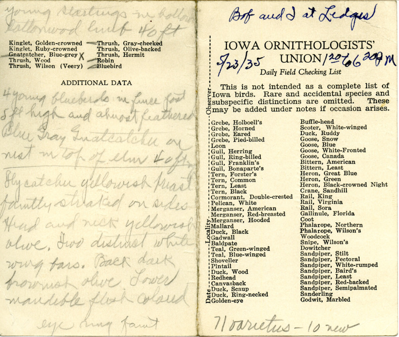 Bird checklist dated May 23, 1935. This checklist was used by Walter Rosene to record birds sighted around the Ledges with Bob Walker between 1:20 and 6:20.