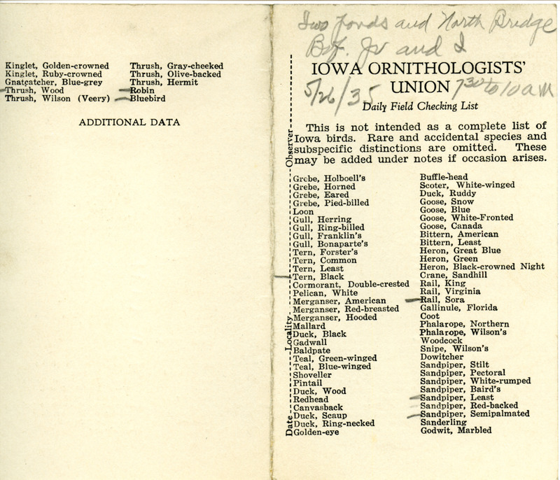 Bird checklist dated May 26, 1935. This checklist was used by Walter Rosene to record birds sighted around North Bridge with Bob Walker and Walter Jr. between 7:30 and 10:00.