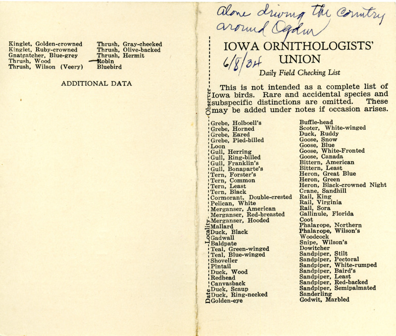 Bird checklist dated June 8, 1935. This checklist was used by Walter Rosene to record birds sighted while driving around the countryside near Ogden.