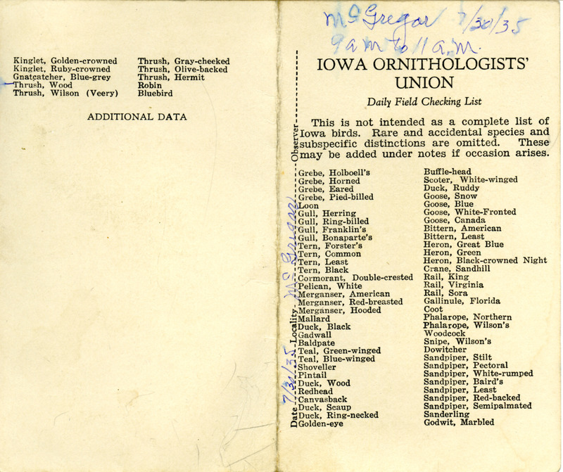 Bird checklist dated July 30, 1935. This checklist was used by Walter Rosene to record birds sighted around McGregor between 9:00 and 11:00.