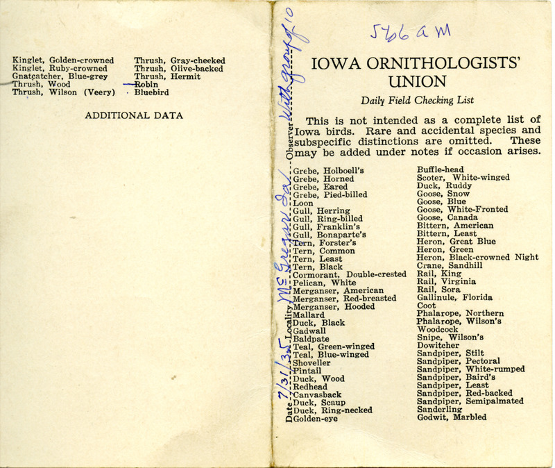 Bird checklist dated July 31, 1935. This checklist was used by Walter Rosene to record birds sighted around McGregor with a group of people between 5:00 and 6:00.