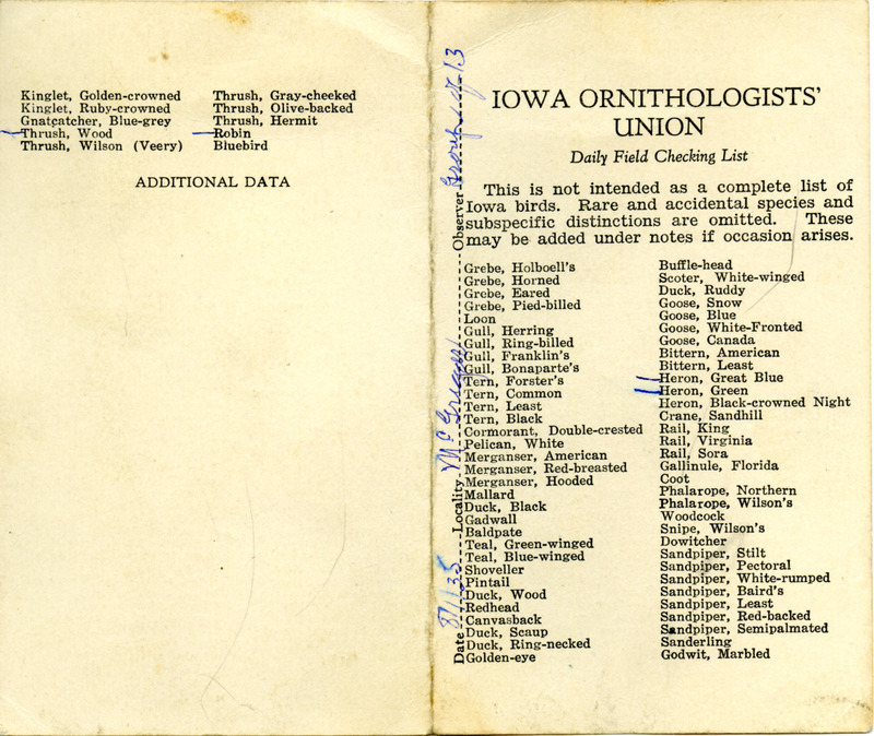 Bird checklist dated August 1, 1935. This checklist was used by Walter Rosene to record birds sighted around McGregor with a group of people.