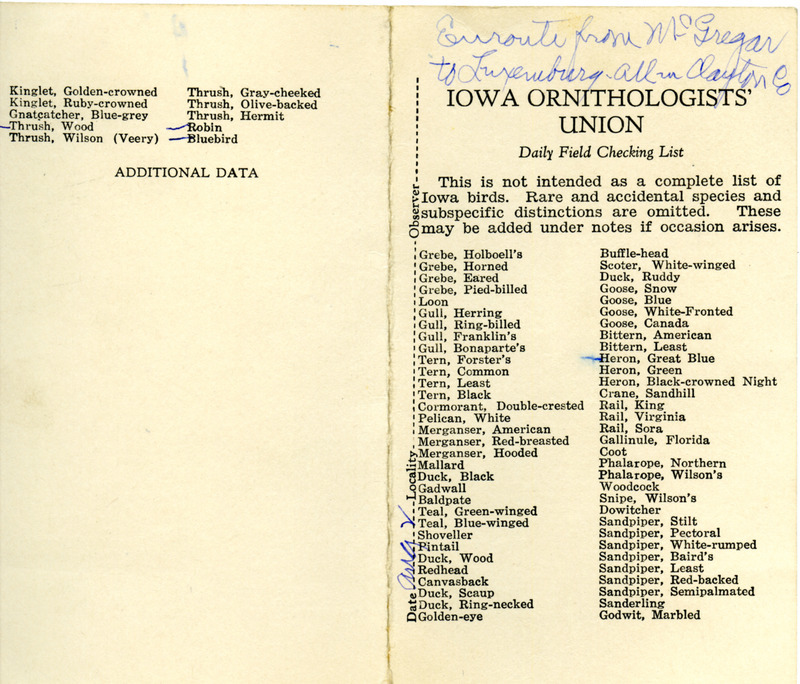 Bird checklist dated August 2, 1935. This checklist was used by Walter Rosene to record birds sighted enroute from McGregor to Luxemburg.