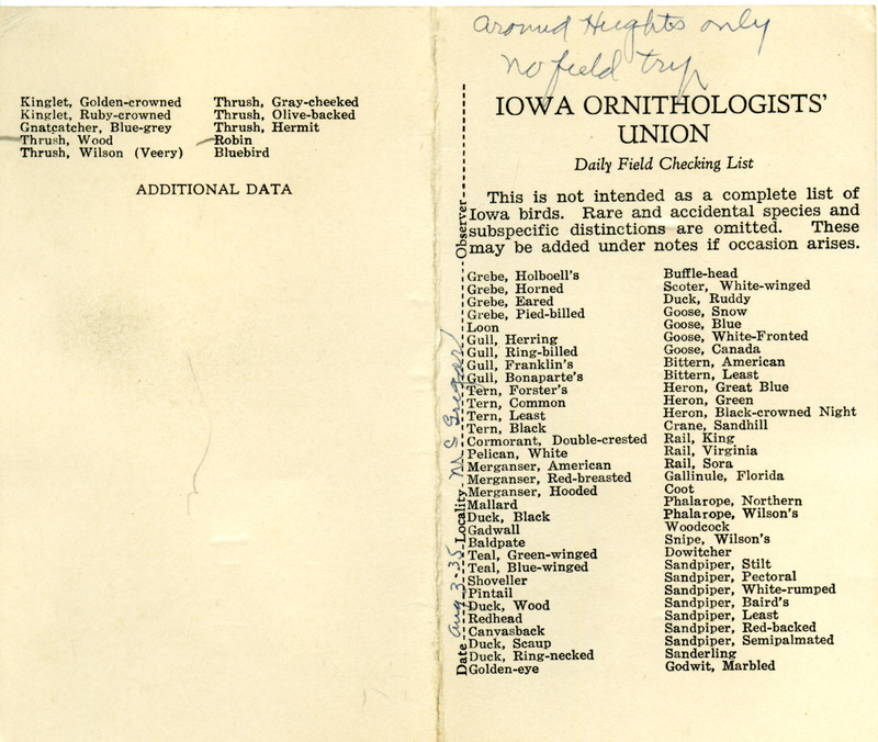 Bird checklist dated August 3, 1935. This checklist was used by Walter Rosene to record birds sighted around McGregor Heights.