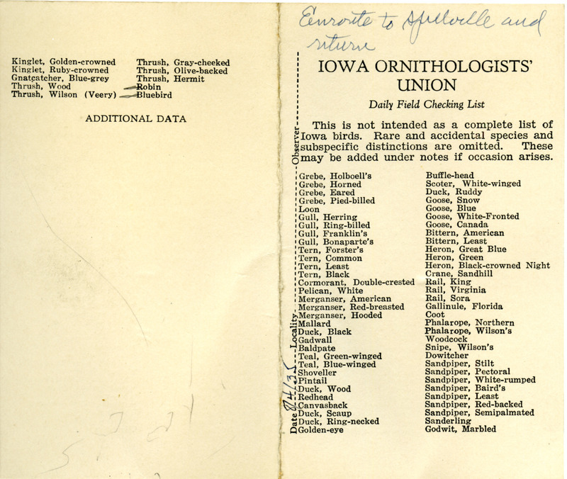 Bird checklist dated August 4, 1935. This checklist was used by Walter Rosene to record birds sighted enroute from McGregor to Spillville.