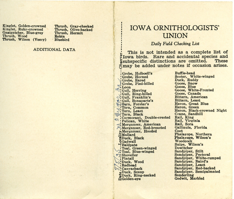 Bird checklist dated August 5, 1935. This checklist was used by Walter Rosene to record birds sighted around McGregor.