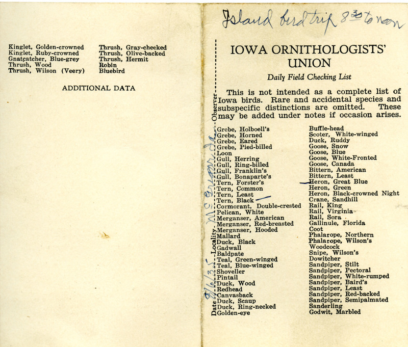 Bird checklist dated August 6, 1935. This checklist was used by Walter Rosene to record birds sighted around an island near McGregor between 8:30 and 12:00.