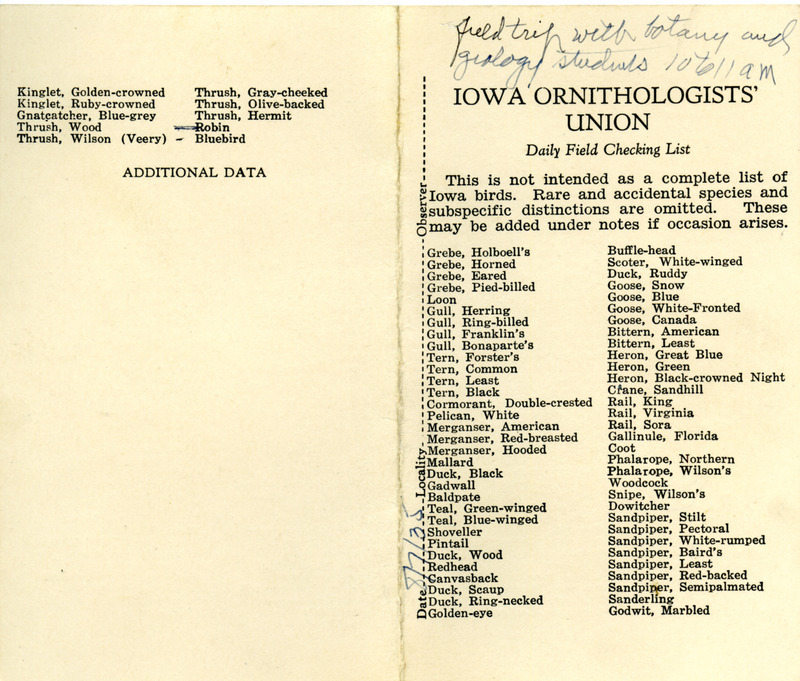 Bird checklist dated August 7, 1935. This checklist was used by Walter Rosene to record birds sighted during a field trip with botany and geology students between 10:00 and 11:00.