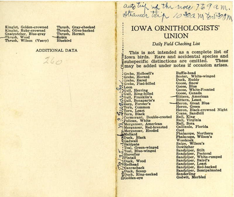 Bird checklist dated August 8, 1935. This checklist was used by Walter Rosene to record birds sighted around McGregor and the Mississippi River between 7:00 and 9:00, and 10:30 and 5:30.