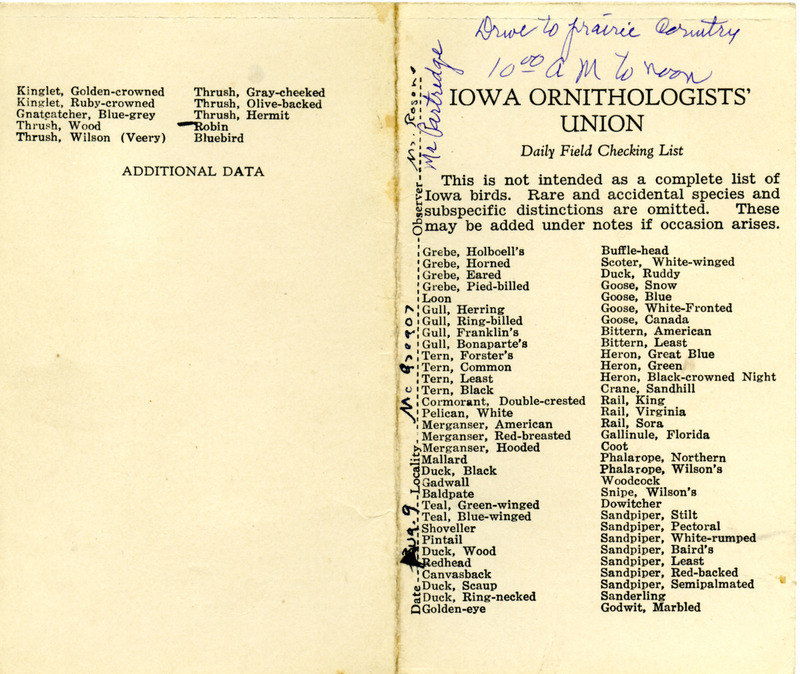 Bird checklist dated August 9, 1935. This checklist was used by Walter Rosene to record birds sighted during a drive to prairie country from McGregor with Mr. Partridge between 10:00 and 12:00.