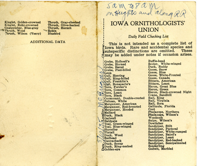 Bird checklist dated August 10, 1935. This checklist was used by Walter Rosene to record birds sighted around McGregor Heights between 5:00 and 8:00.