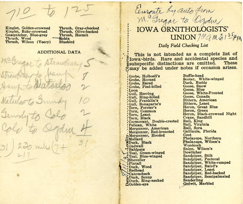 Bird checklist dated August 11, 1935. This checklist was used by Walter Rosene to record birds sighted enroute from McGregor to Ogden between 7:10 and 1:25.