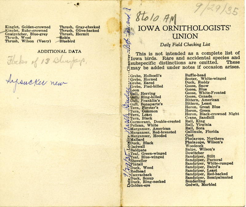 Bird checklist dated September 29, 1935. This checklist was used by Walter Rosene to record birds sighted around North Bridge with Bob Walker and Walter Jr. between 8:00 and 10:00.