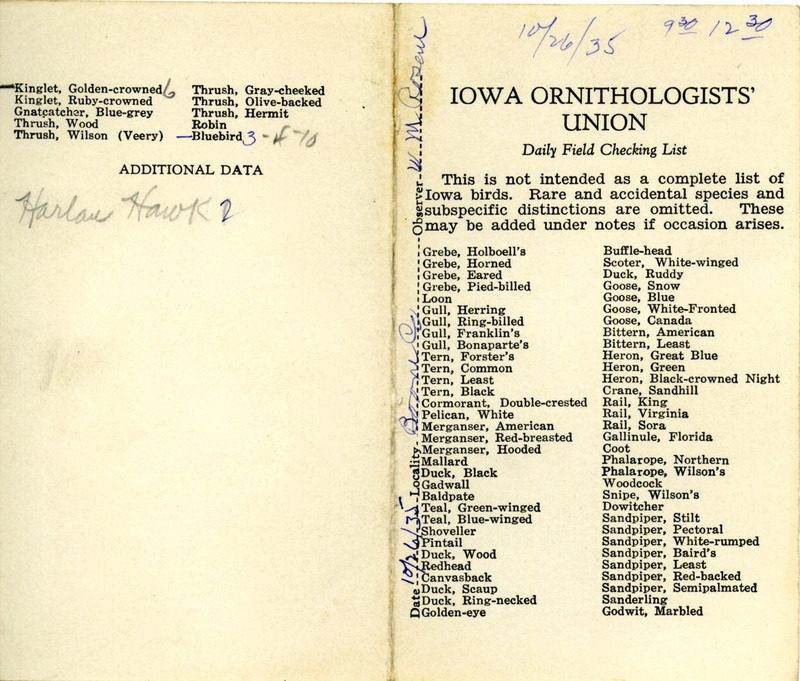 Bird checklist dated October 26, 1935. This checklist was used by Walter Rosene to record birds sighted around Boone County between 9:30 and 12:30.