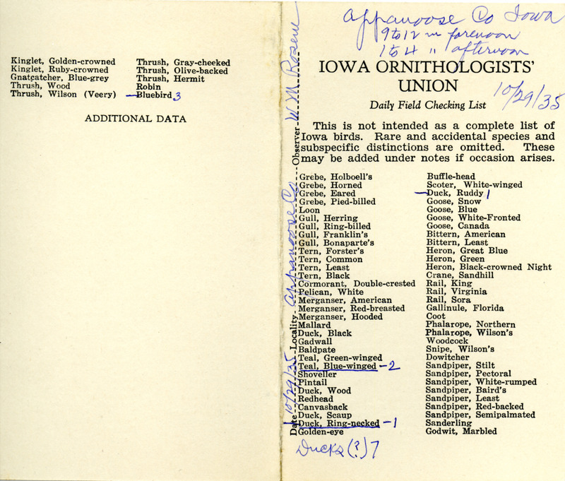 Bird checklist dated October 29, 1935. This checklist was used by Walter Rosene to record birds sighted around Appanoose County between 9:00 and 12:00, and 1:00 and 4:00.