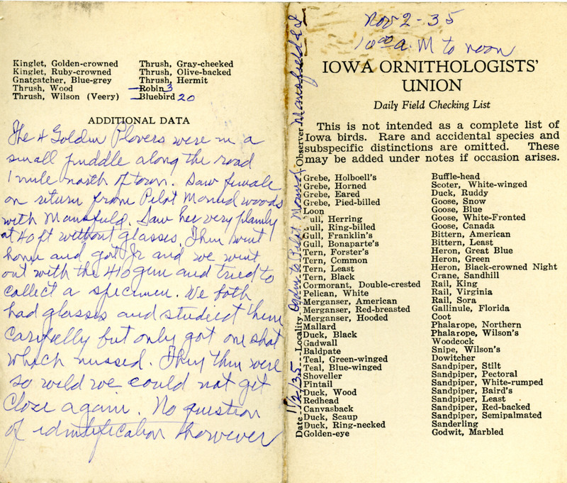 Bird checklist dated November 2, 1935. This checklist was used by Walter Rosene to record birds sighted between Ogden and Pilot Mound with Oscar Mansfield from 10:00 to 12:00.