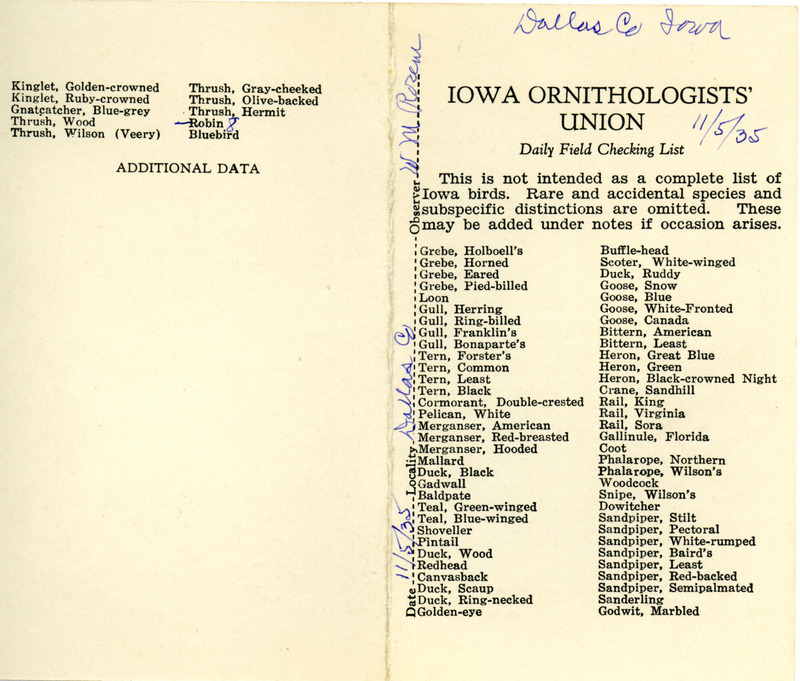 Bird checklist dated November 5, 1935. This checklist was used by Walter Rosene to record birds sighted around Dallas County.