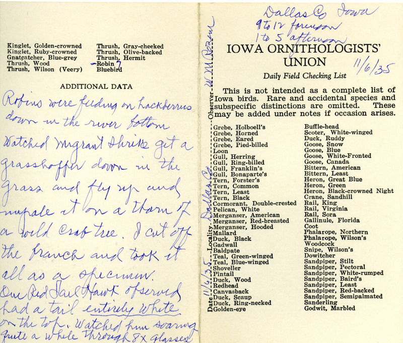 Bird checklist dated November 6, 1935. This checklist was used by Walter Rosene to record birds sighted around Dallas County between 9:00 and 12:00, and 1:00 and 5:00.