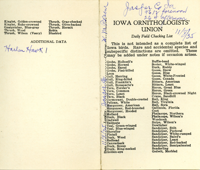 Bird checklist dated November 8, 1935. This checklist was used by Walter Rosene to record birds sighted around Jasper County between 9:00 and 12:00, and 2:00 and 4:00.