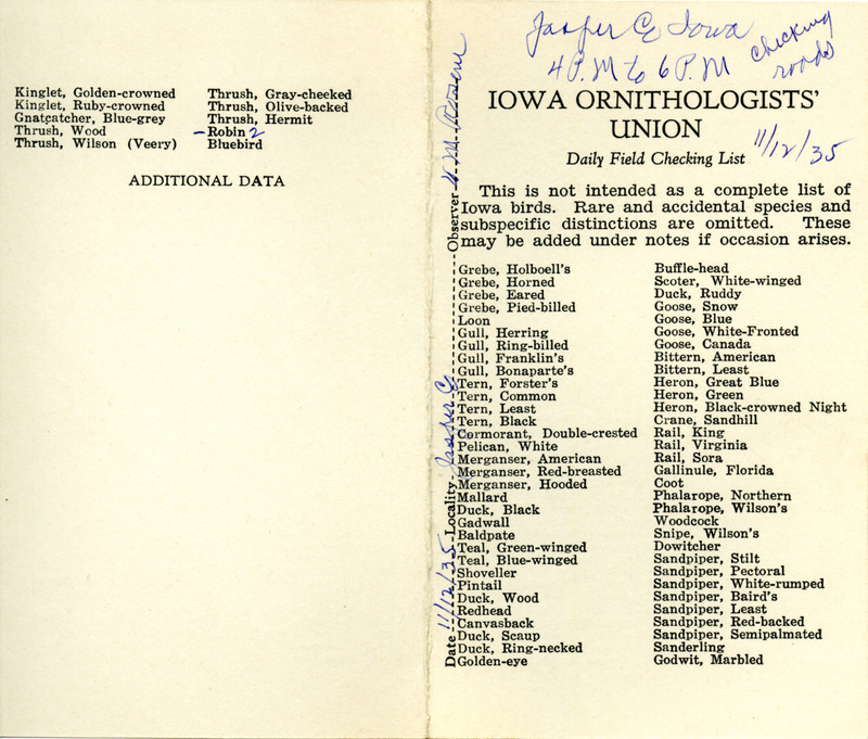 Bird checklist dated November 12, 1935. This checklist was used by Walter Rosene to record birds sighted around Jasper County between 4:00 and 6:00.