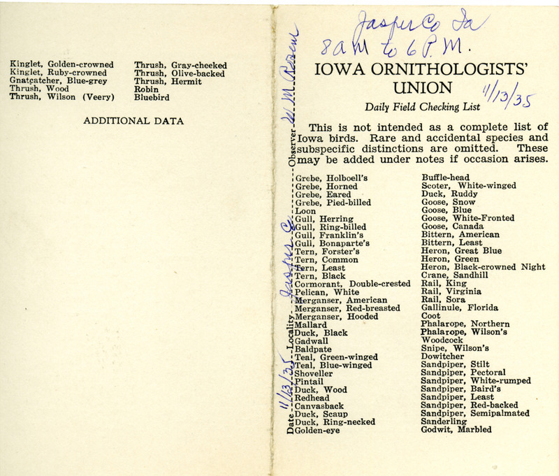 Bird checklist dated November 13, 1935. This checklist was used by Walter Rosene to record birds sighted around Jasper County between 8:00 and 6:00.