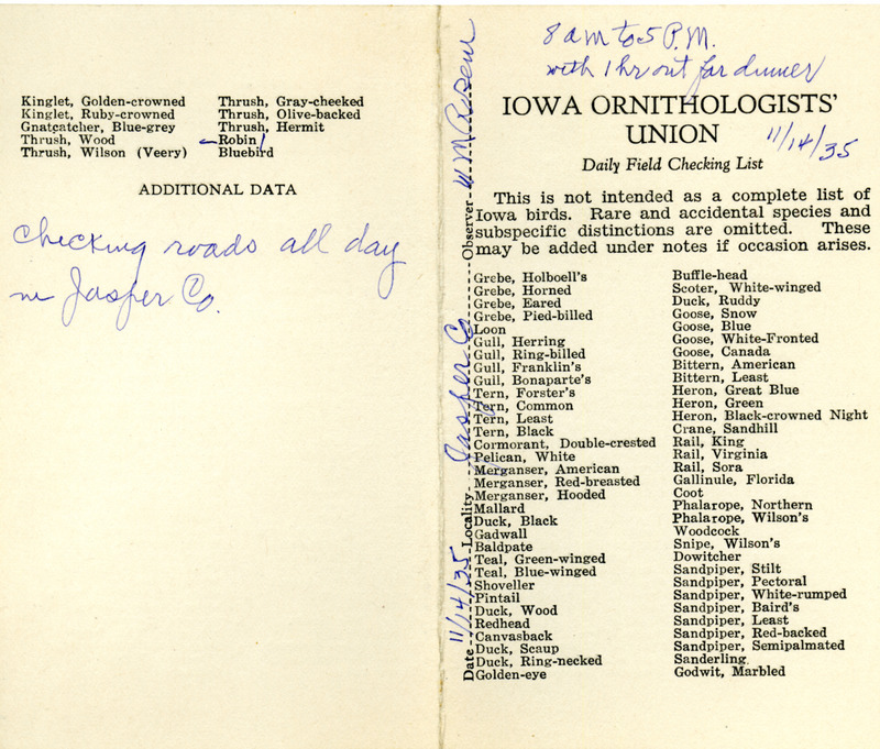 Bird checklist dated November 14, 1935. This checklist was used by Walter Rosene to record birds sighted around Jasper County between 8:00 and 5:00.