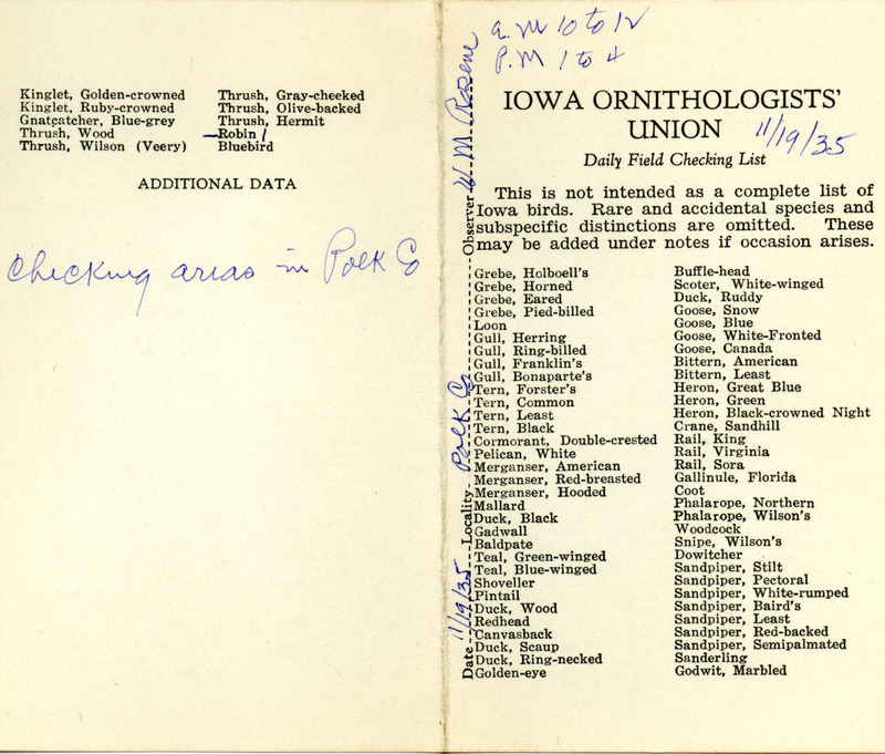 Bird checklist dated November 19, 1935. This checklist was used by Walter Rosene to record birds sighted around Polk County between 10:00 and 12:00, and 1:00 and 4:00.