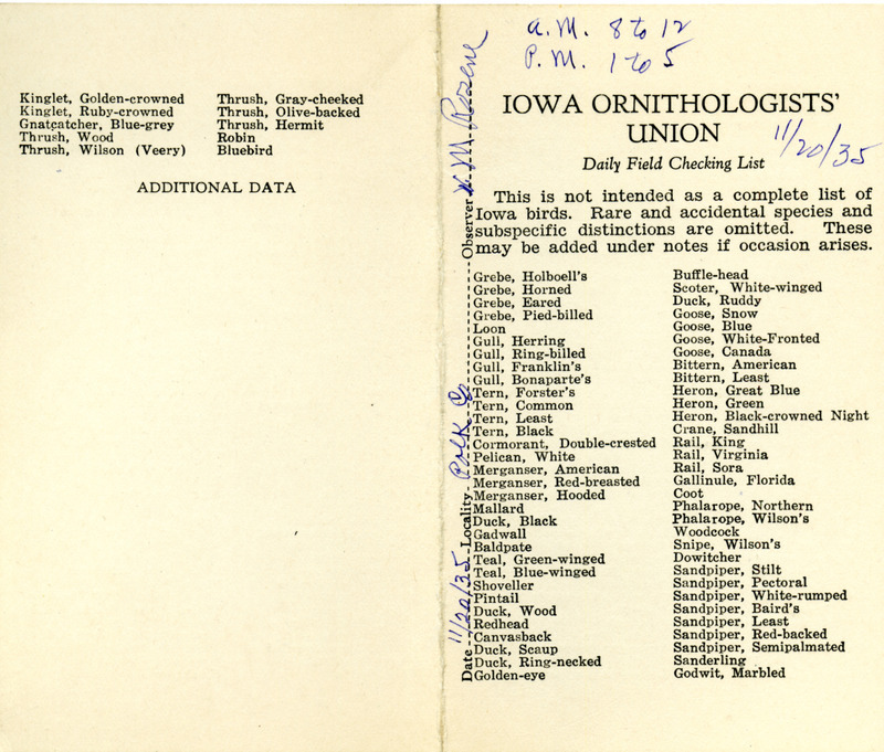 Bird checklist dated November 20, 1935. This checklist was used by Walter Rosene to record birds sighted around Polk County between 8:00 and 12:00, and 1:00 and 5:00.