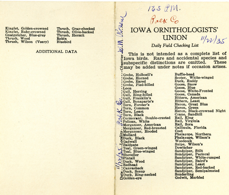 Bird checklist dated November 22, 1935. This checklist was used by Walter Rosene to record birds sighted around Polk County between 1:00 and 5:00.